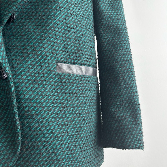 Vintage 80s Emerald Green & Black Bouclé Blazer with Leather Trim M/L - Picture 4 of 15
